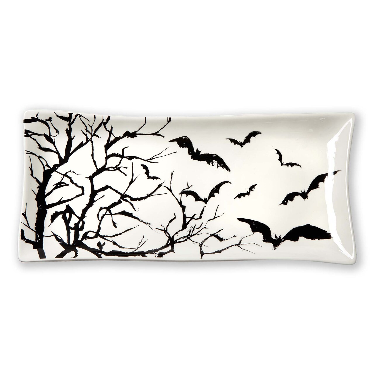 Spellbound Black Ceramic Rectangular Platter for Halloween Serving 15x7 inches Dishwasher Safe